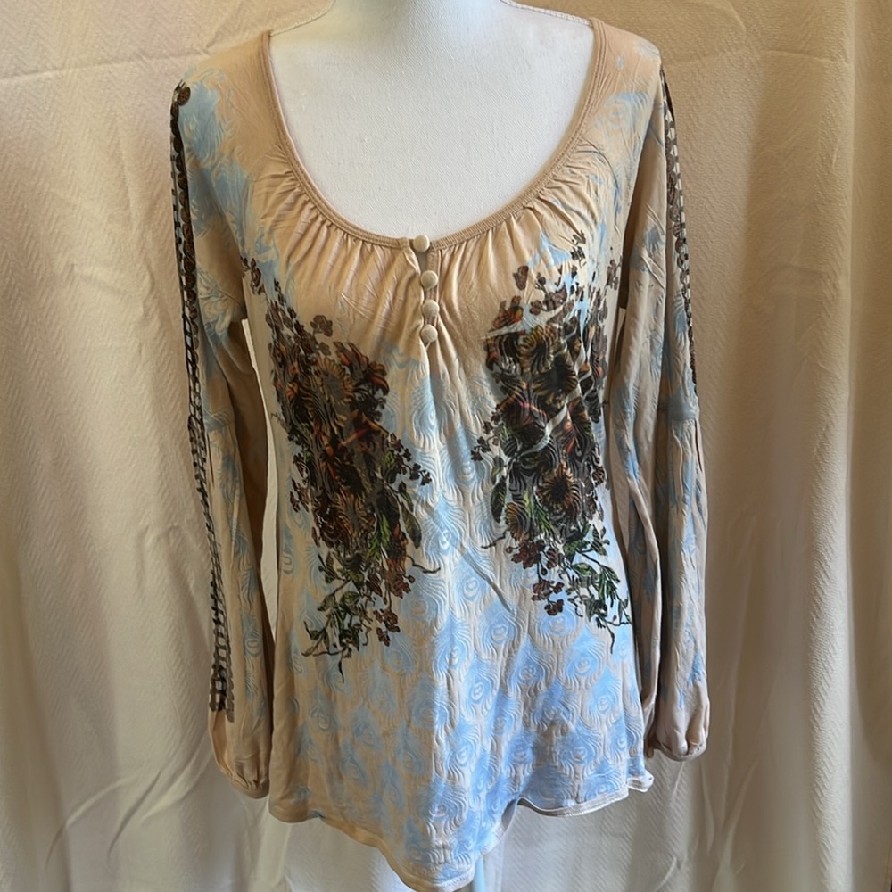 Butterfly dropout🦋Vintage tan/blue peacock feather print with fall floral top. - Picture 8 of 12